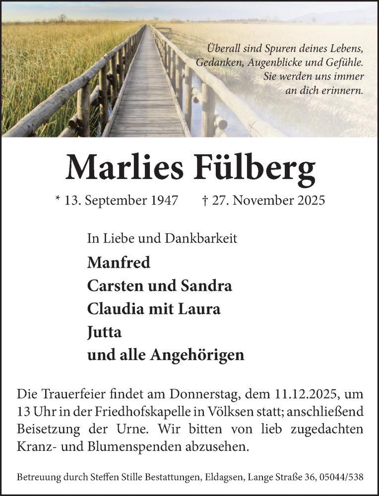  Traueranzeige für Marlies Fülberg vom 06.12.2025 aus Neue Deister-Zeitung