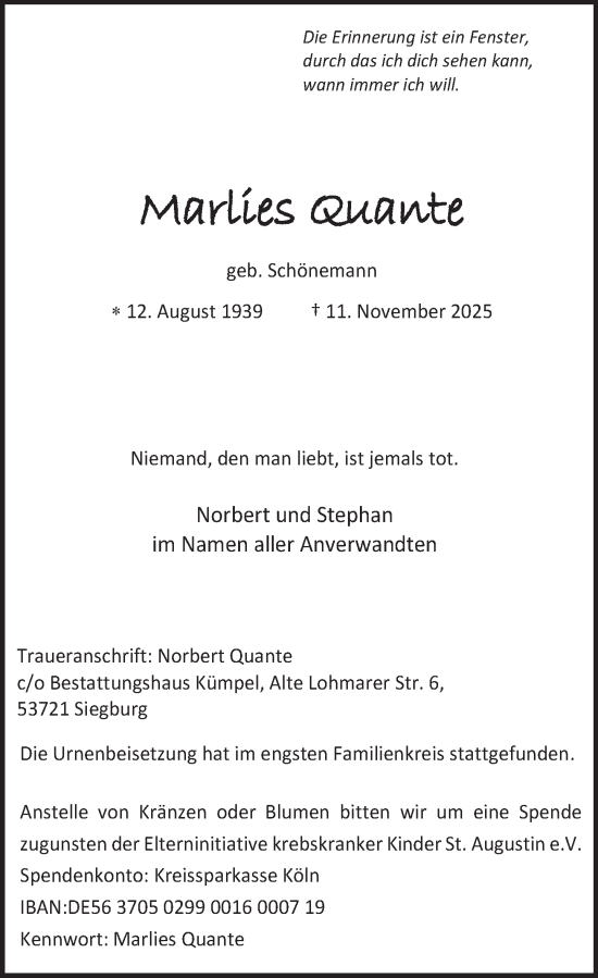 Traueranzeige von Marlies Quante von Deister- und Weserzeitung
