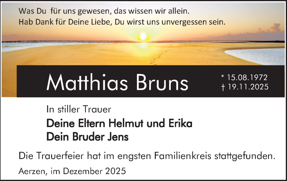  Traueranzeige für Matthias Bruns vom 13.12.2025 aus Deister- und Weserzeitung