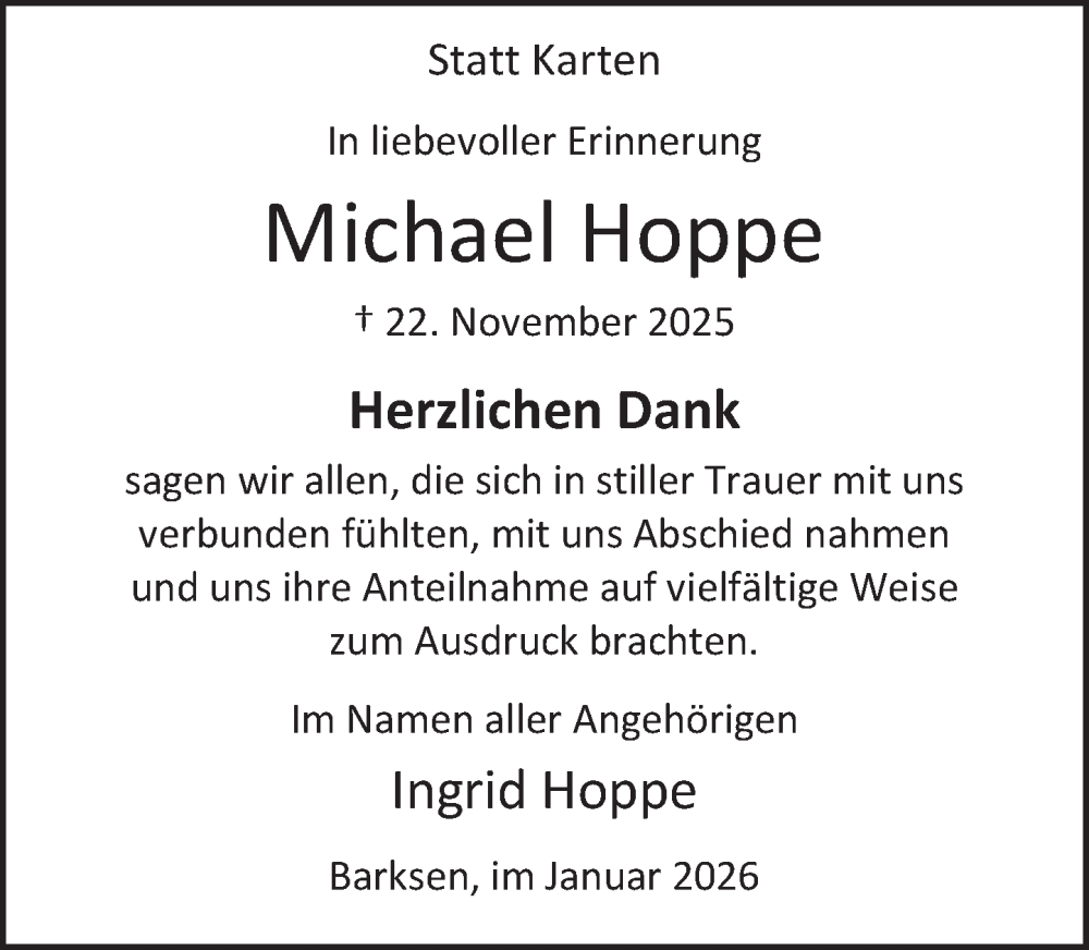  Traueranzeige für Michael Hoppe vom 03.01.2026 aus Deister- und Weserzeitung