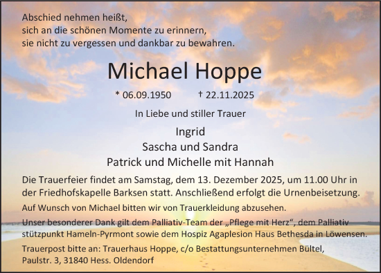 Traueranzeige von Michael Hoppe von Deister- und Weserzeitung