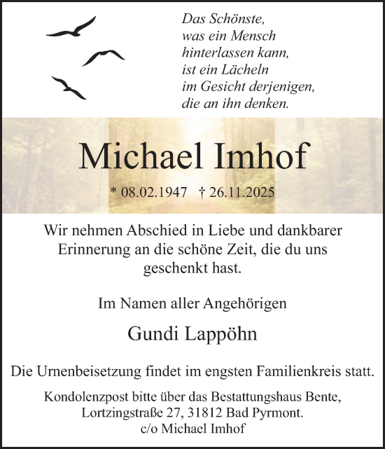 Traueranzeige von Michael Imhof von Deister- und Weserzeitung