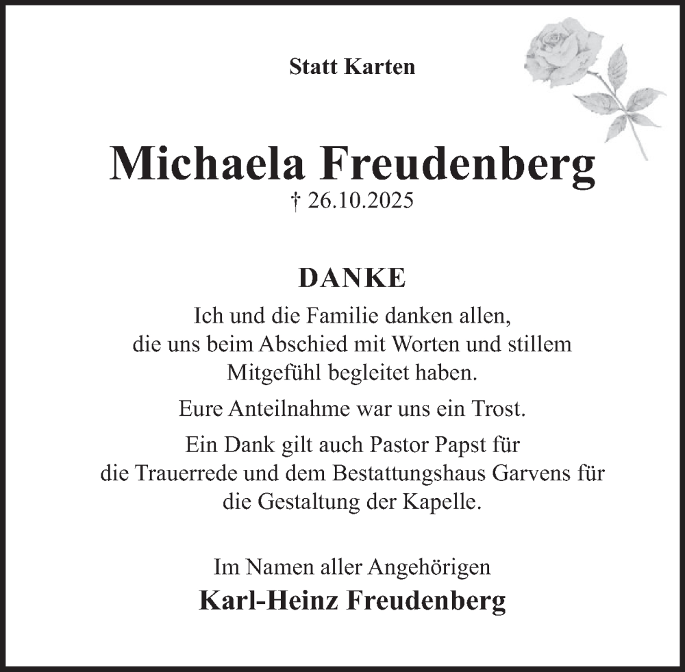  Traueranzeige für Michaela Freudenberg vom 13.12.2025 aus Deister- und Weserzeitung