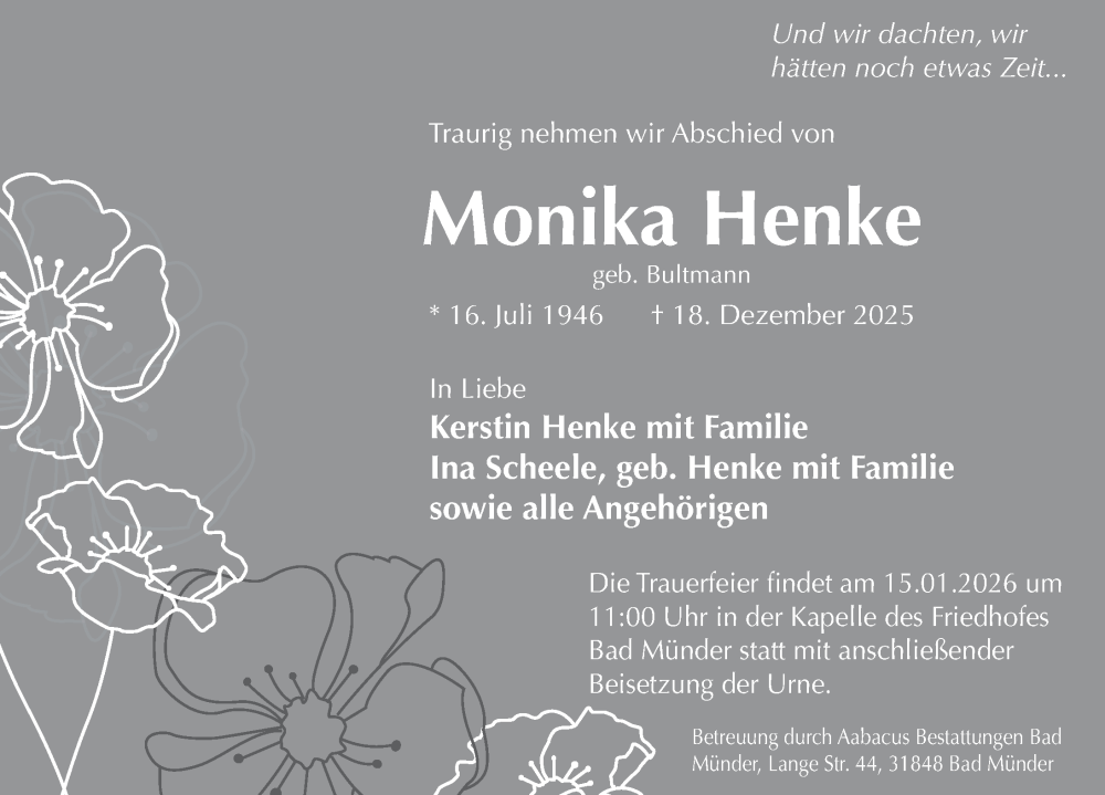  Traueranzeige für Monika Henke vom 03.01.2026 aus Neue Deister-Zeitung