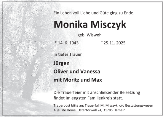 Traueranzeige von Monika Misczyk von Deister- und Weserzeitung