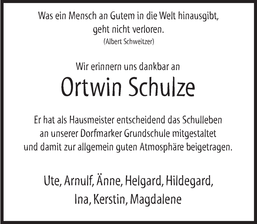  Traueranzeige für Ortwin Schulze vom 12.12.2025 aus Deister- und Weserzeitung