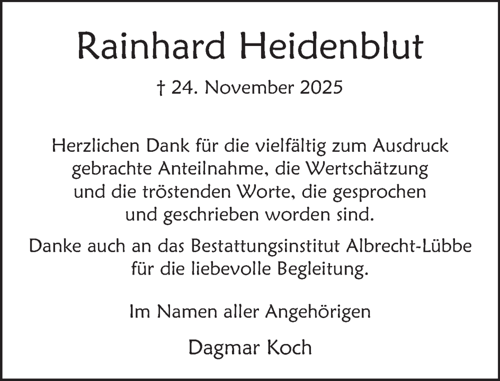  Traueranzeige für Rainhard Heidenblut vom 27.12.2025 aus Deister- und Weserzeitung
