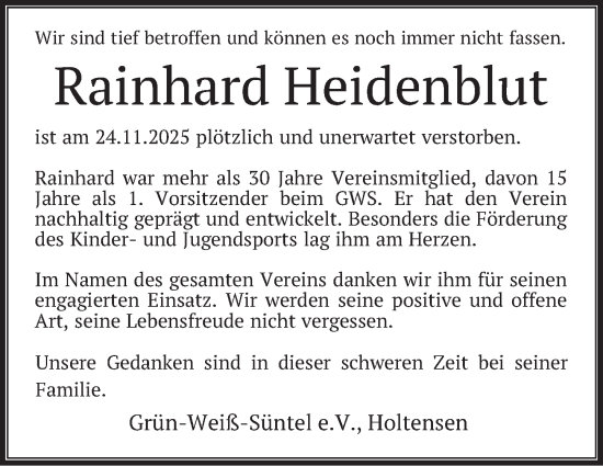Traueranzeige von Rainhard Heidenblut von Deister- und Weserzeitung