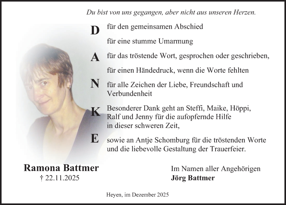  Traueranzeige für Ramona Battmer vom 20.12.2025 aus Deister- und Weserzeitung