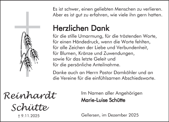 Traueranzeige von Reinhardt Schütte von Deister- und Weserzeitung