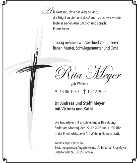 Traueranzeige von Rita Meyer von Deister- und Weserzeitung