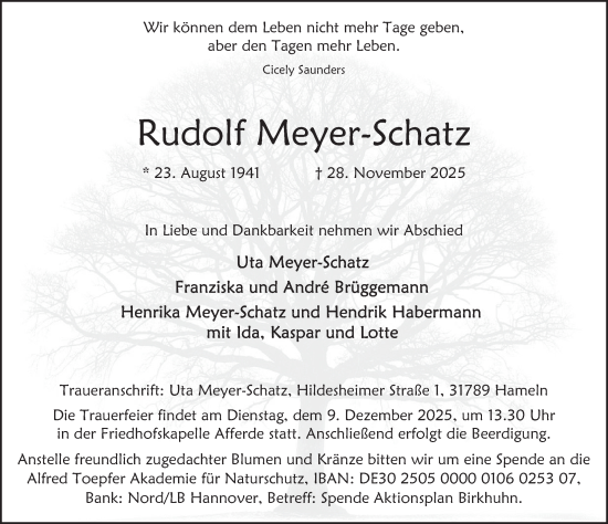 Traueranzeige von Rudolf Meyer-Schatz von Deister- und Weserzeitung