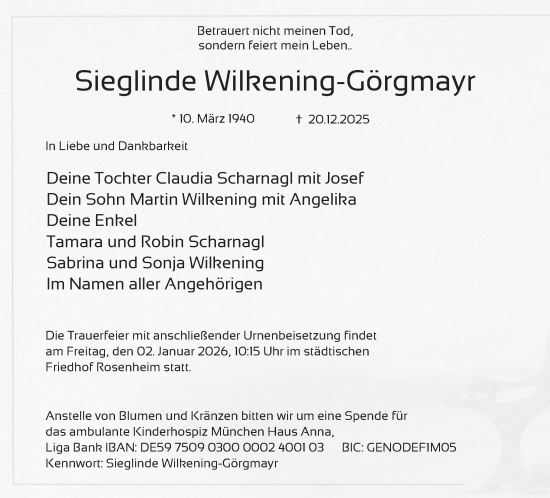 Traueranzeige von Sieglinde Wilkening-Görgmayr von Neue Deister-Zeitung