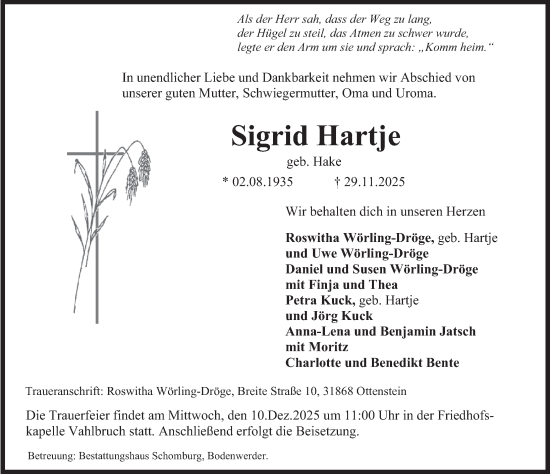 Traueranzeige von Sigrid Hartje von Deister- und Weserzeitung