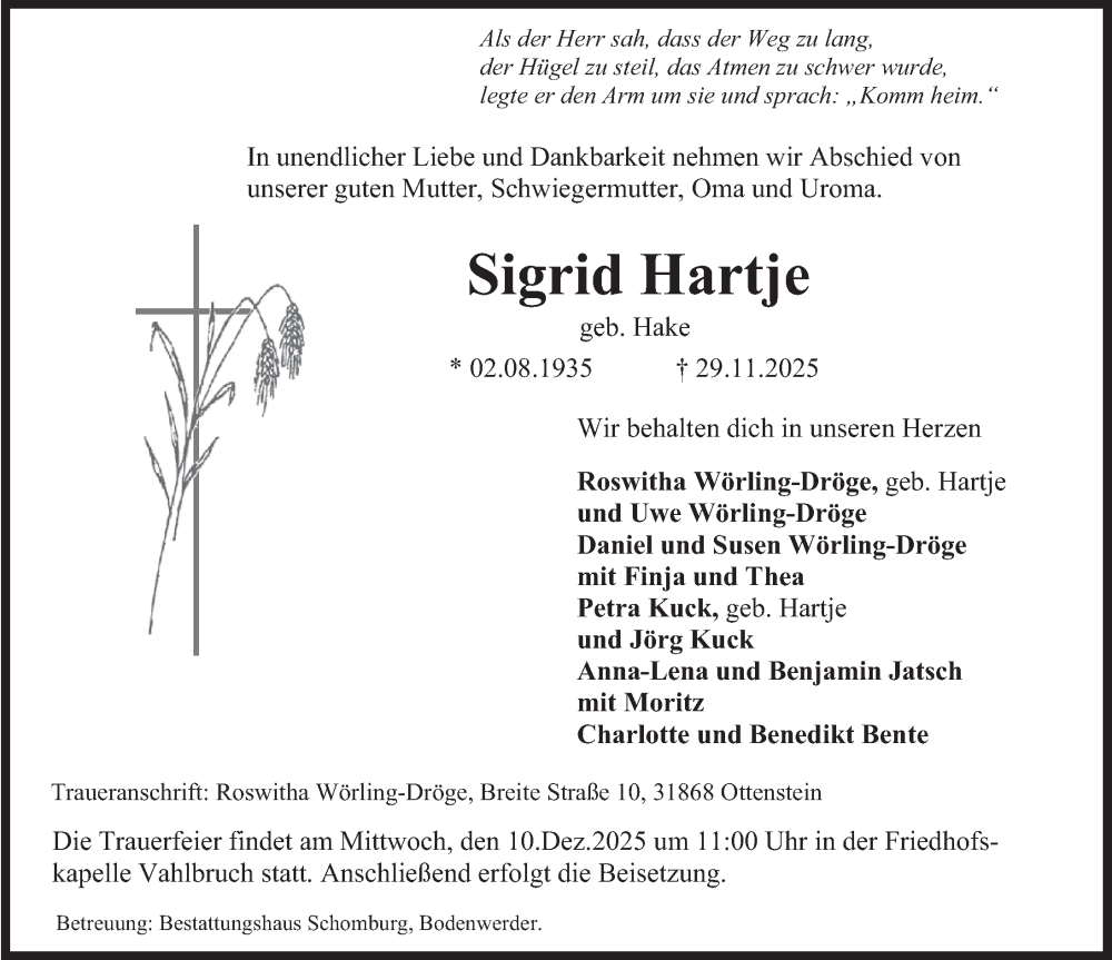  Traueranzeige für Sigrid Hartje vom 06.12.2025 aus Deister- und Weserzeitung