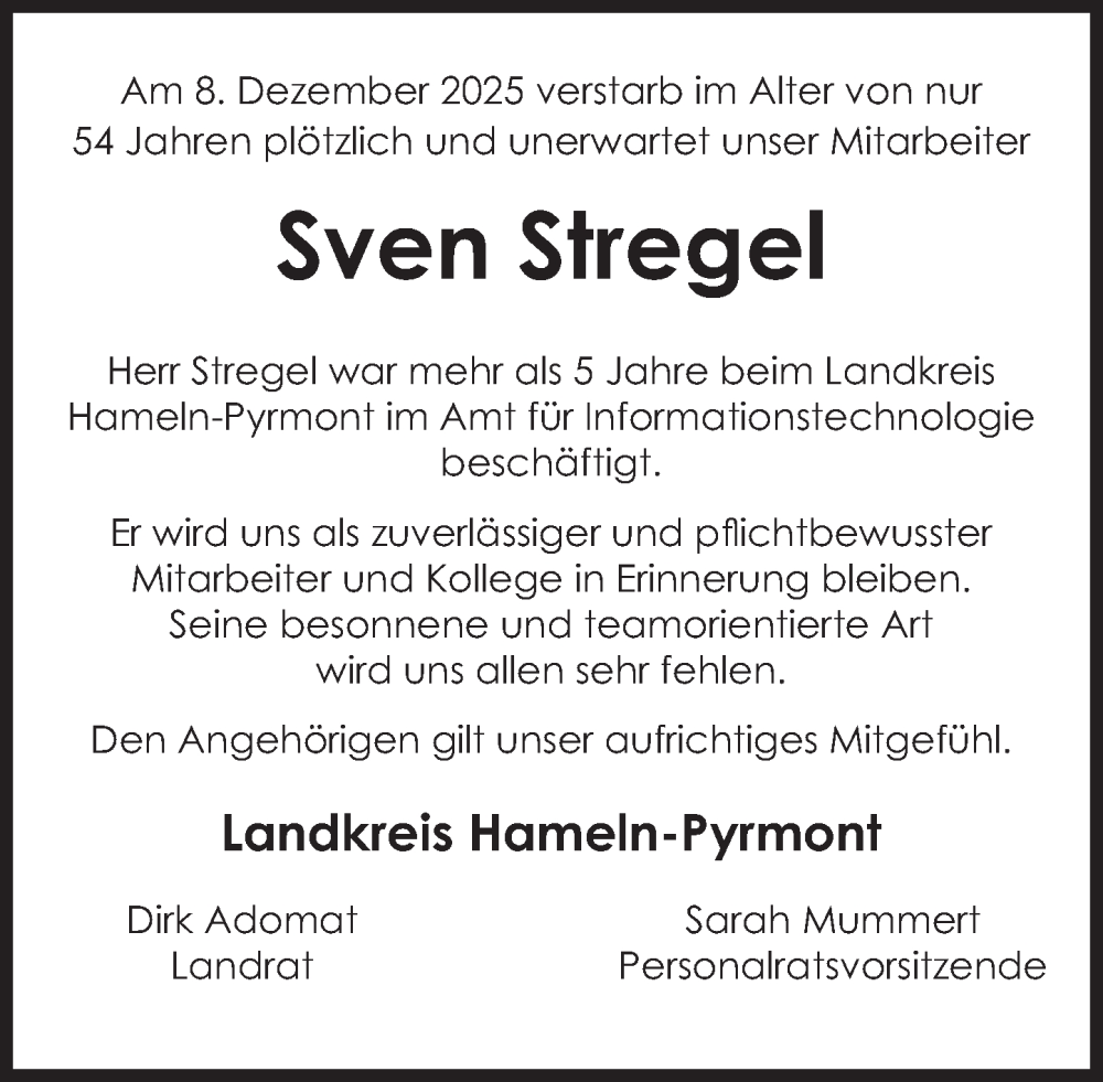  Traueranzeige für Sven Stregel vom 20.12.2025 aus Deister- und Weserzeitung