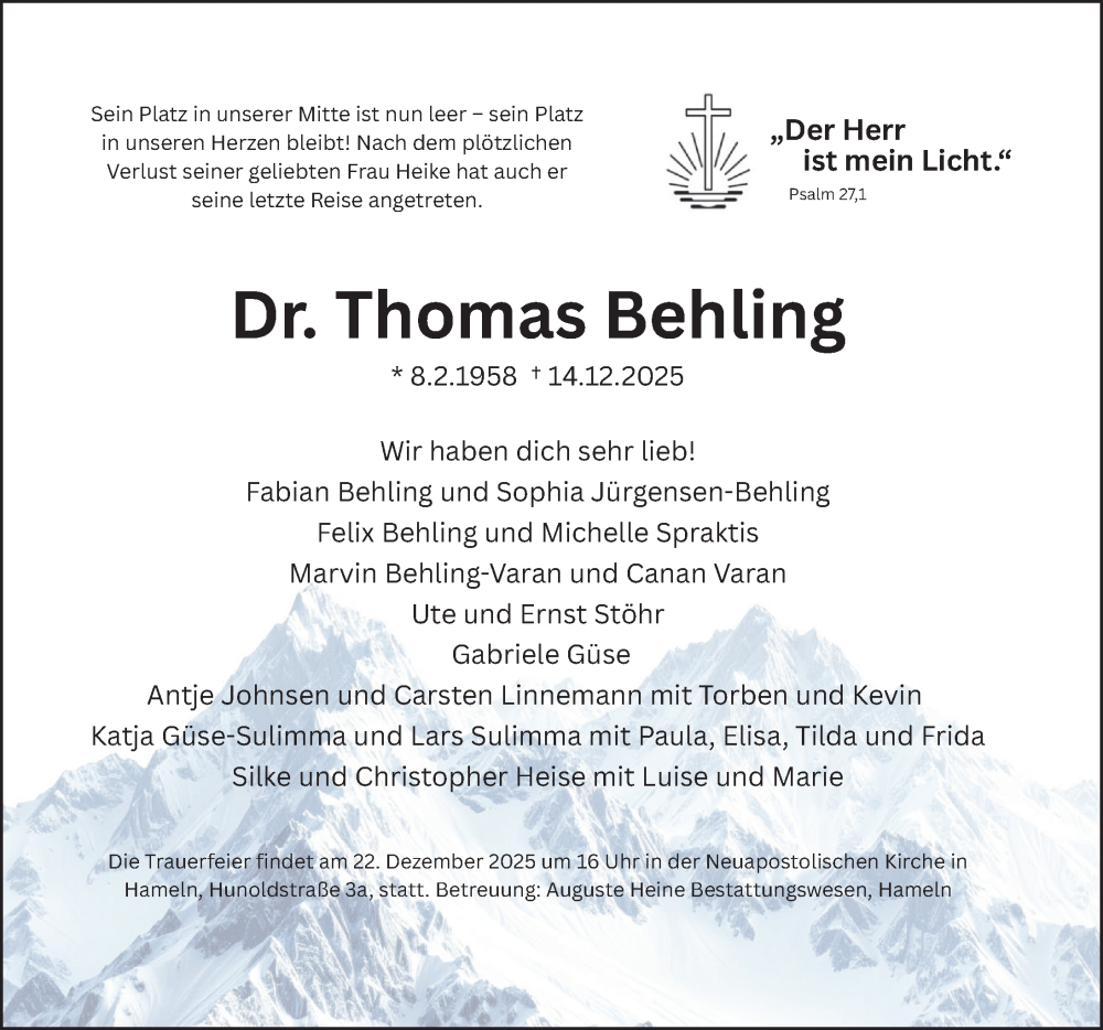  Traueranzeige für Thomas Behling vom 20.12.2025 aus Deister- und Weserzeitung