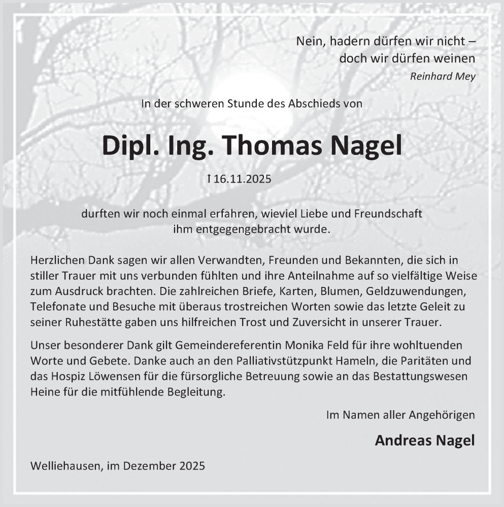  Traueranzeige für Thomas Nagel vom 20.12.2025 aus Deister- und Weserzeitung