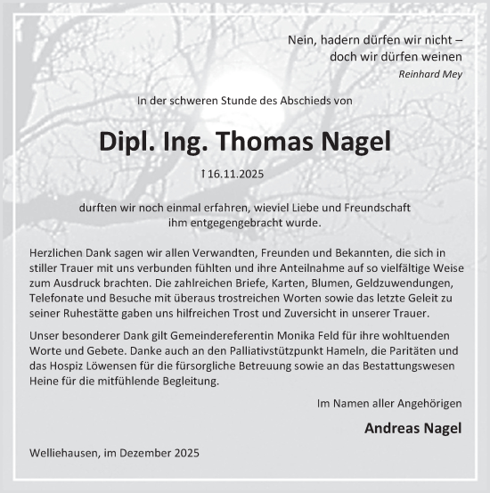 Traueranzeige von Thomas Nagel von Deister- und Weserzeitung
