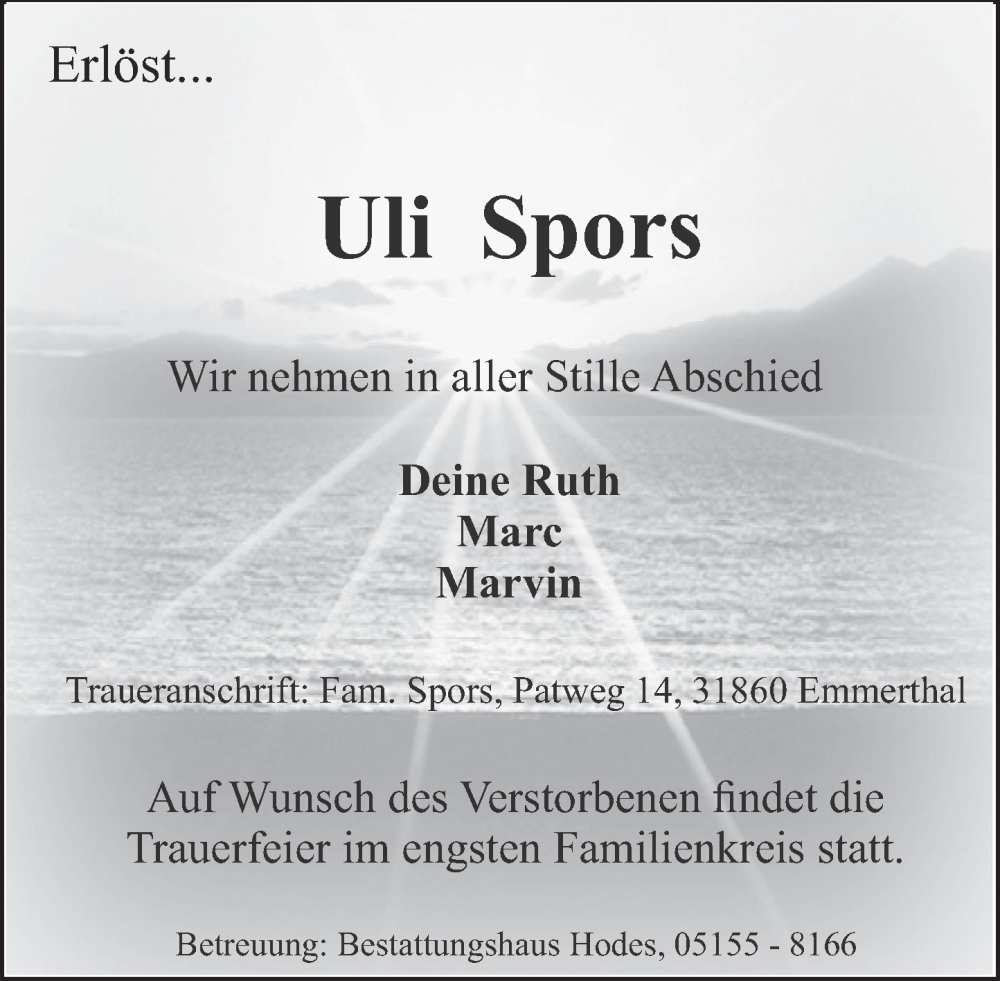  Traueranzeige für Uli Spors vom 27.12.2025 aus Deister- und Weserzeitung