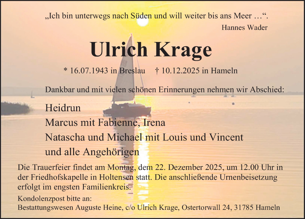  Traueranzeige für Ulrich Krage vom 20.12.2025 aus Deister- und Weserzeitung