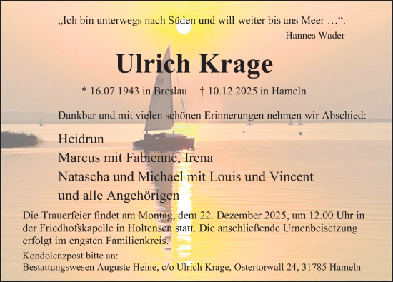 Traueranzeige von Ulrich Krage von Deister- und Weserzeitung