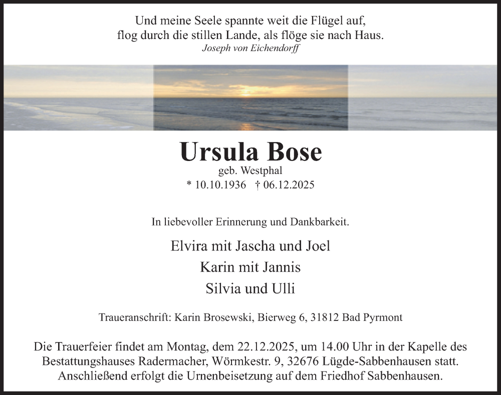  Traueranzeige für Ursula Bose vom 16.12.2025 aus Deister- und Weserzeitung