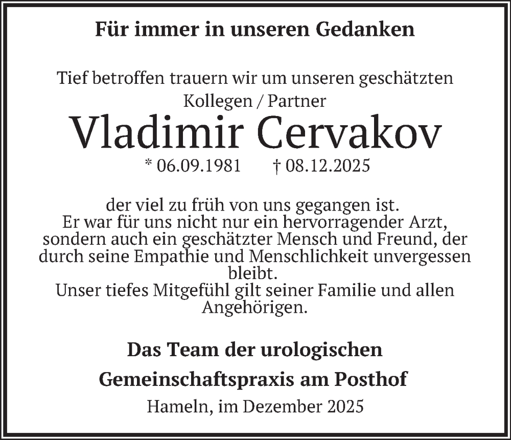  Traueranzeige für Vladimir Cervakov vom 27.12.2025 aus Deister- und Weserzeitung