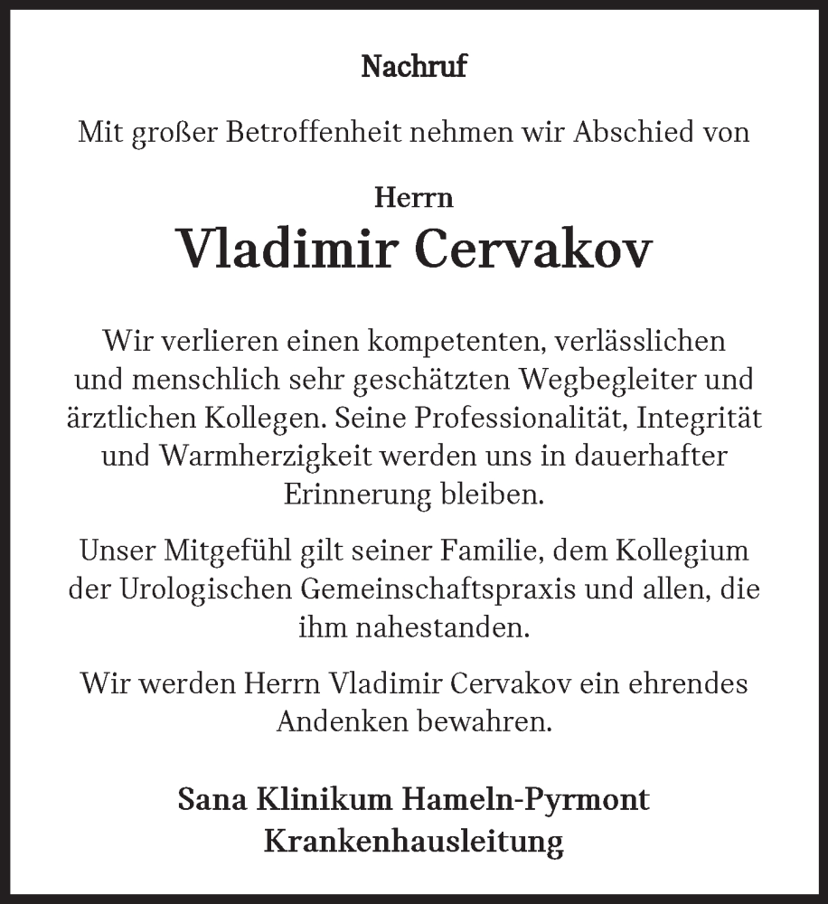  Traueranzeige für Vladimir Cervakov vom 20.12.2025 aus Deister- und Weserzeitung