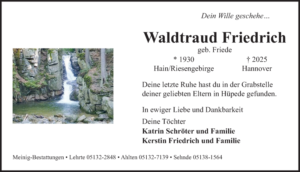  Traueranzeige für Waldtraud Friedrich vom 06.12.2025 aus Neue Deister-Zeitung