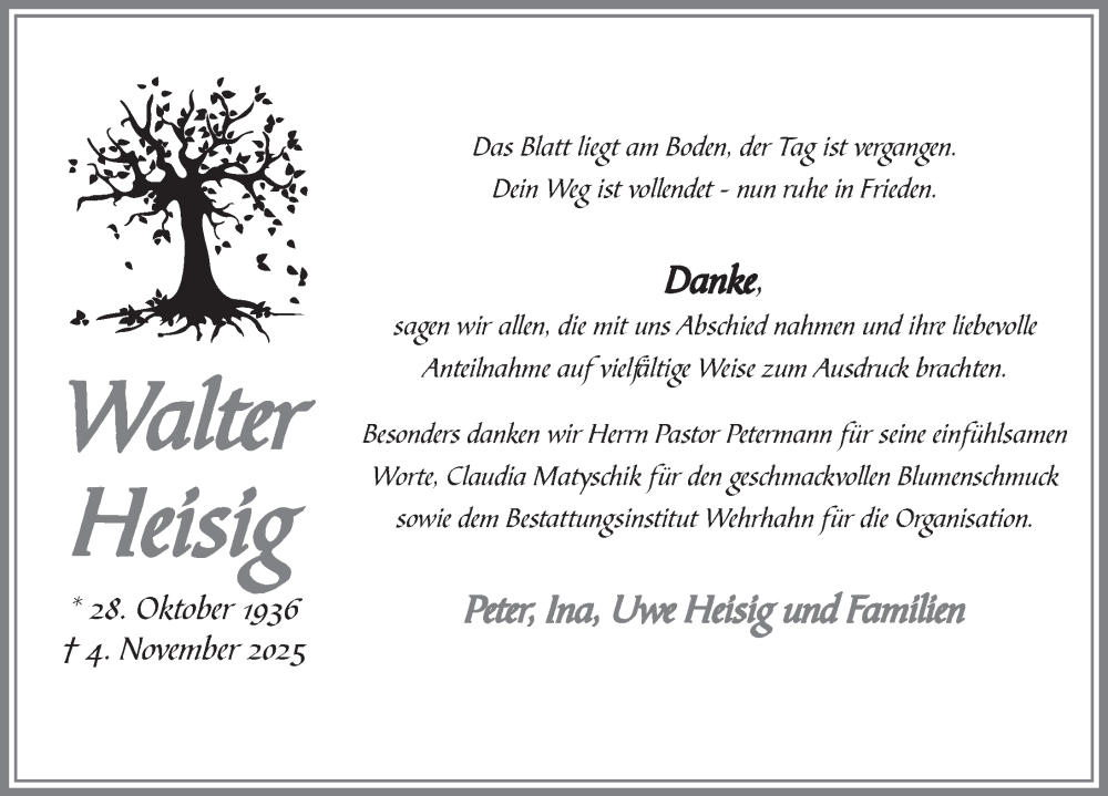  Traueranzeige für Walter Heisig vom 13.12.2025 aus Neue Deister-Zeitung