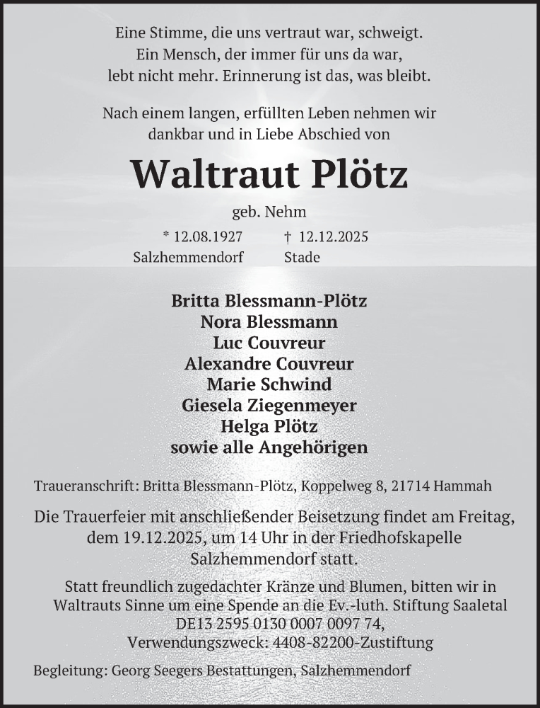  Traueranzeige für Waltraut Plötz vom 16.12.2025 aus Deister- und Weserzeitung
