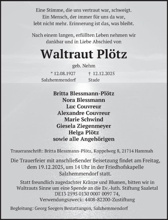 Traueranzeige von Waltraut Plötz von Deister- und Weserzeitung