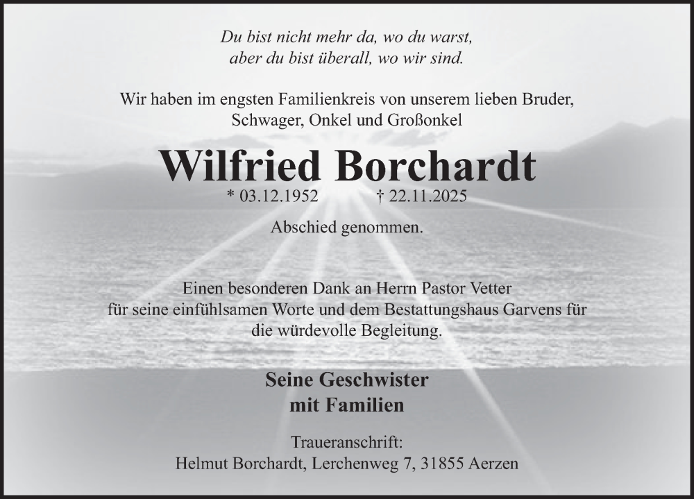  Traueranzeige für Wilfried Borchardt vom 13.12.2025 aus Deister- und Weserzeitung