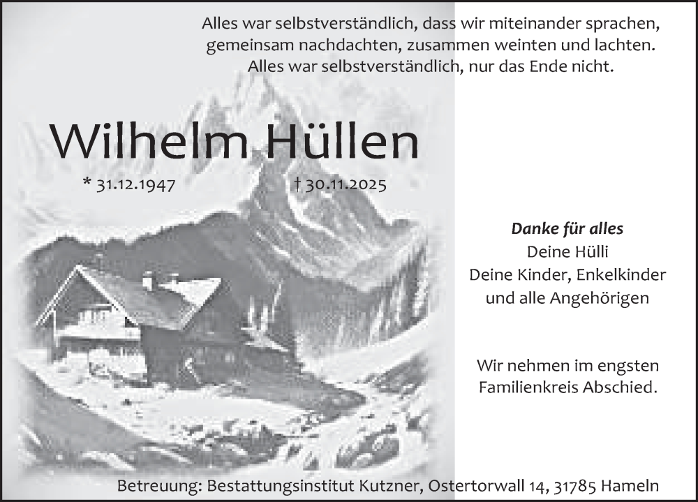  Traueranzeige für Wilhelm Hüllen vom 06.12.2025 aus Deister- und Weserzeitung