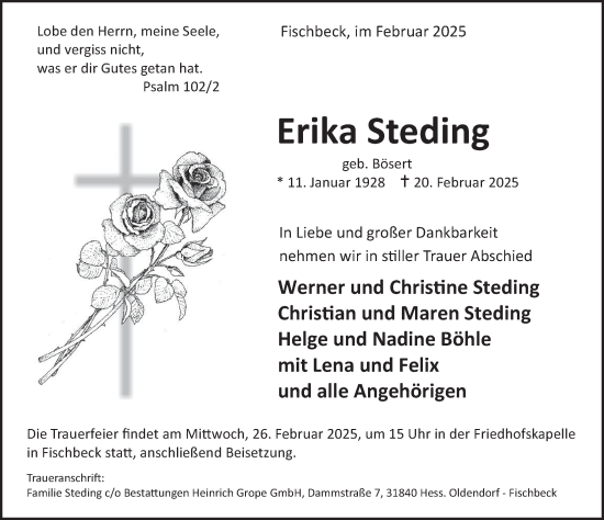Traueranzeige von Erika Steding von Deister- und Weserzeitung
