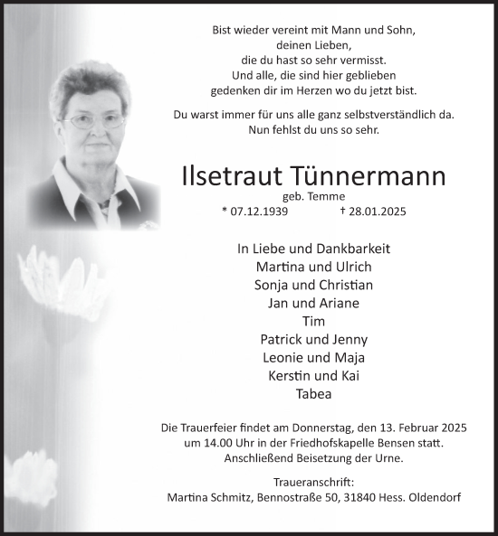 Traueranzeige von Ilsetraut Tünnermann von Deister- und Weserzeitung
