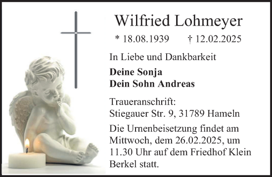 Traueranzeige von Wilfried Lohmeyer von Deister- und Weserzeitung
