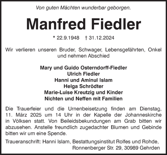 Traueranzeige von Manfred Fiedler von Neue Deister-Zeitung