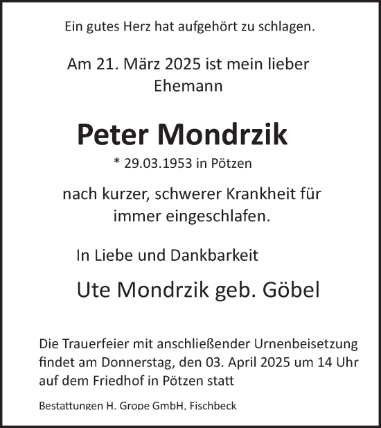 Traueranzeige von Peter Mondrzik von Deister- und Weserzeitung