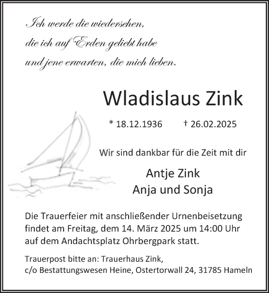 Traueranzeige von Wladislaus Zink von Deister- und Weserzeitung