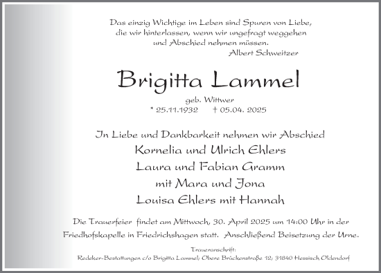Traueranzeige von Brigitta Lammel von Deister- und Weserzeitung