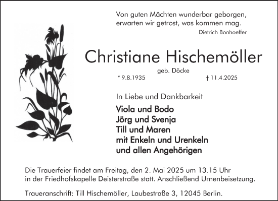 Traueranzeige von Christiane Hischemöller von Deister- und Weserzeitung