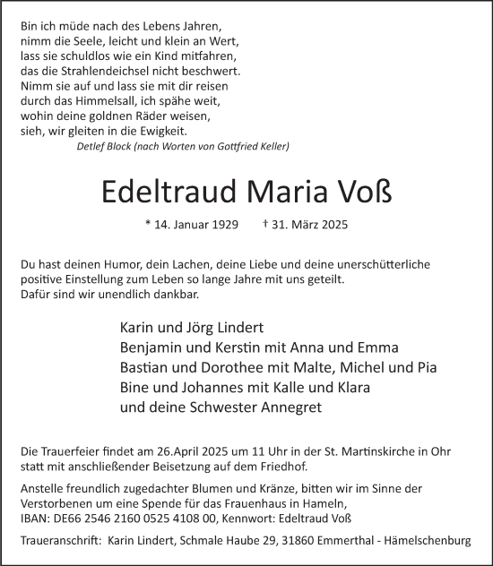 Traueranzeige von Edeltraud Maria Voß von Deister- und Weserzeitung
