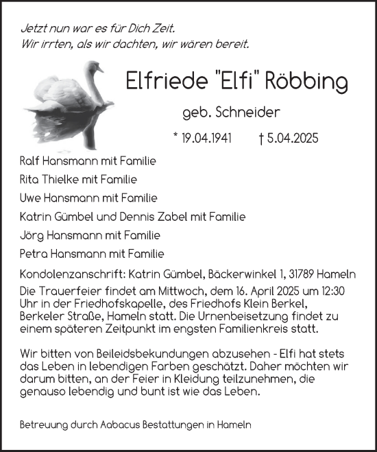 Traueranzeige von Elfriede Röbbing von Deister- und Weserzeitung