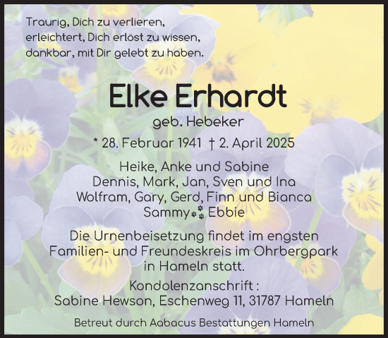Traueranzeige von Elke Erhardt von Deister- und Weserzeitung