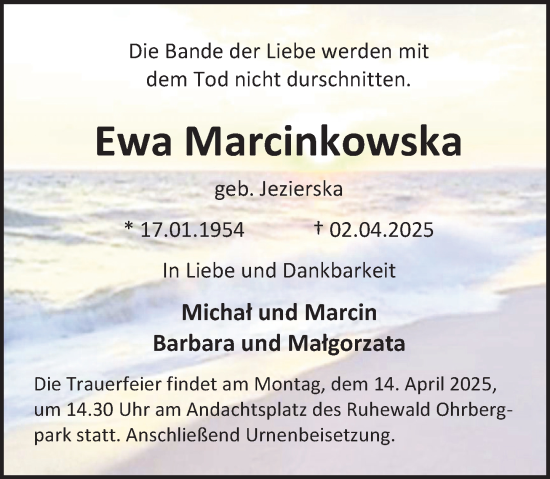 Traueranzeige von Ewa Marcinkowska von Deister- und Weserzeitung