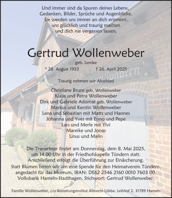 Traueranzeige von Gertrud Wollenweber von Deister- und Weserzeitung