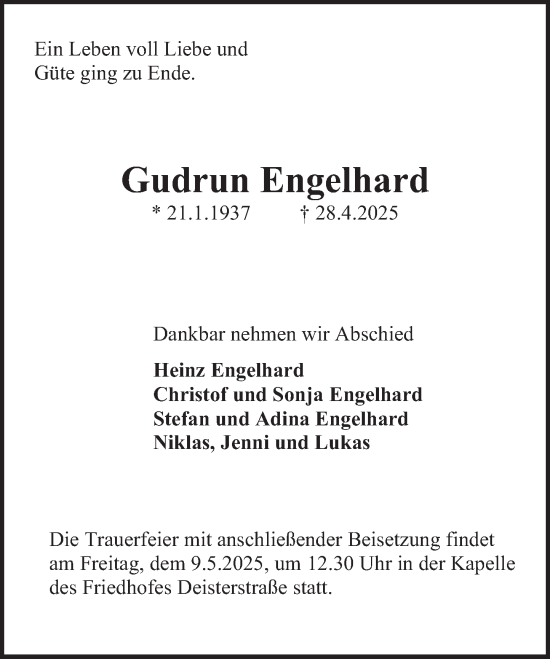 Traueranzeige von Gudrun Engelhard von Deister- und Weserzeitung