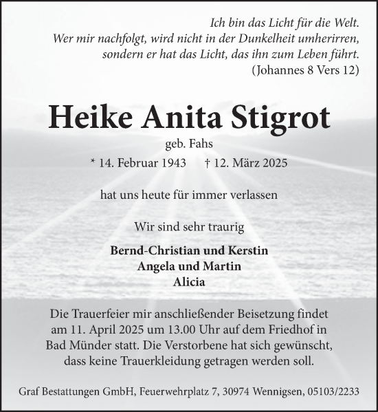 Traueranzeige von Heike Stigrot von Neue Deister-Zeitung